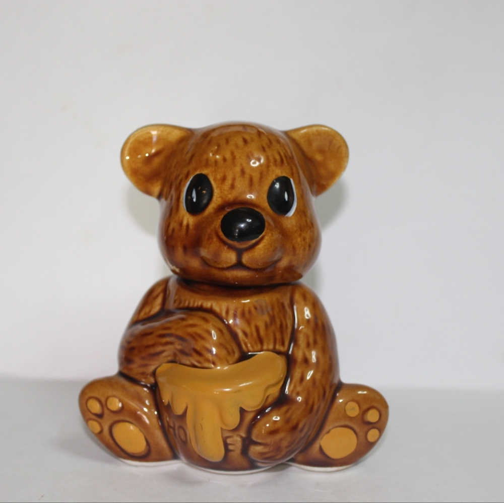 Vintage bear honey pot with plastic honey dipper